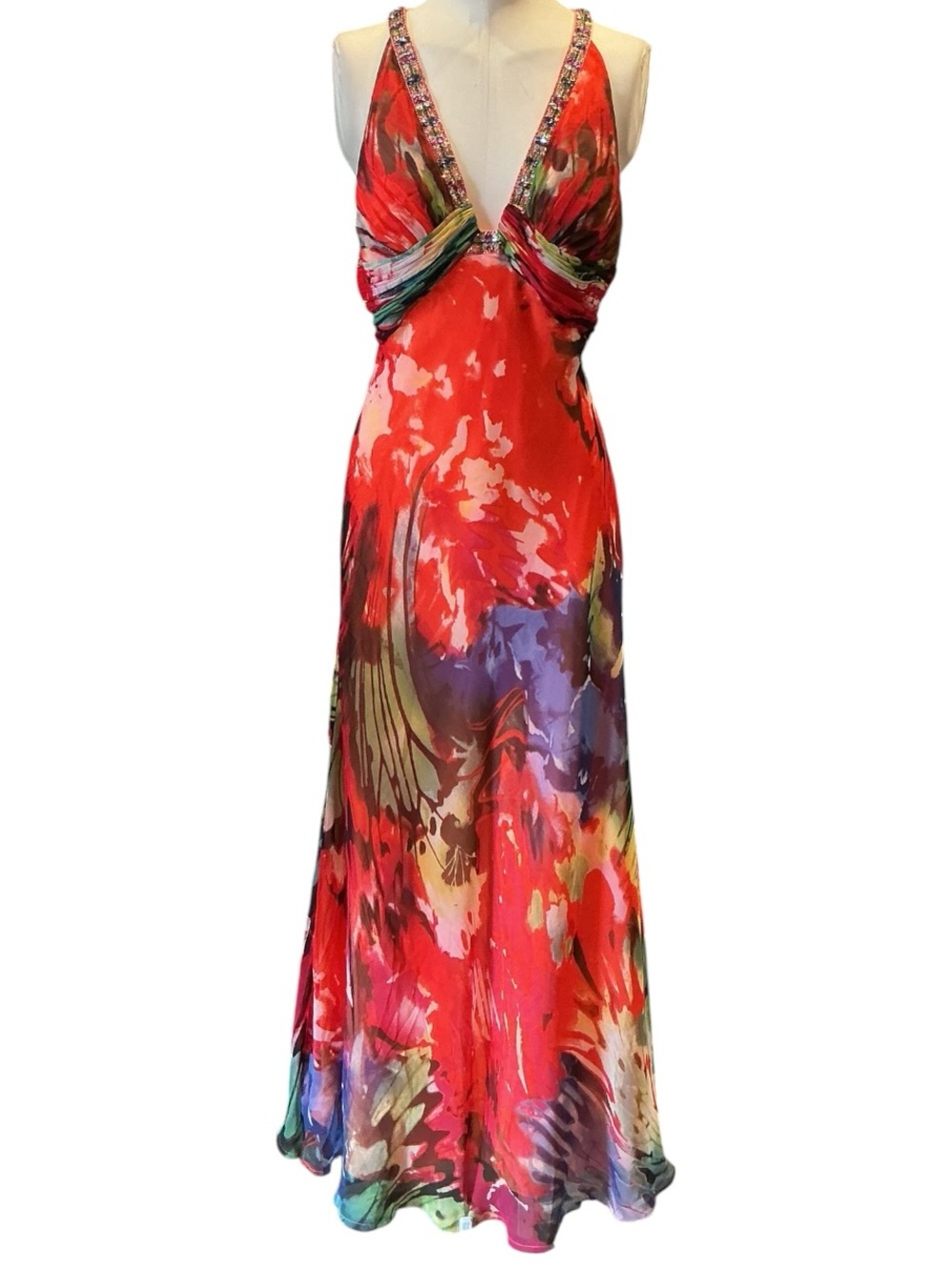 Vintage y2k Faviana Couture Abstract Watercolor Printed Beaded Dress